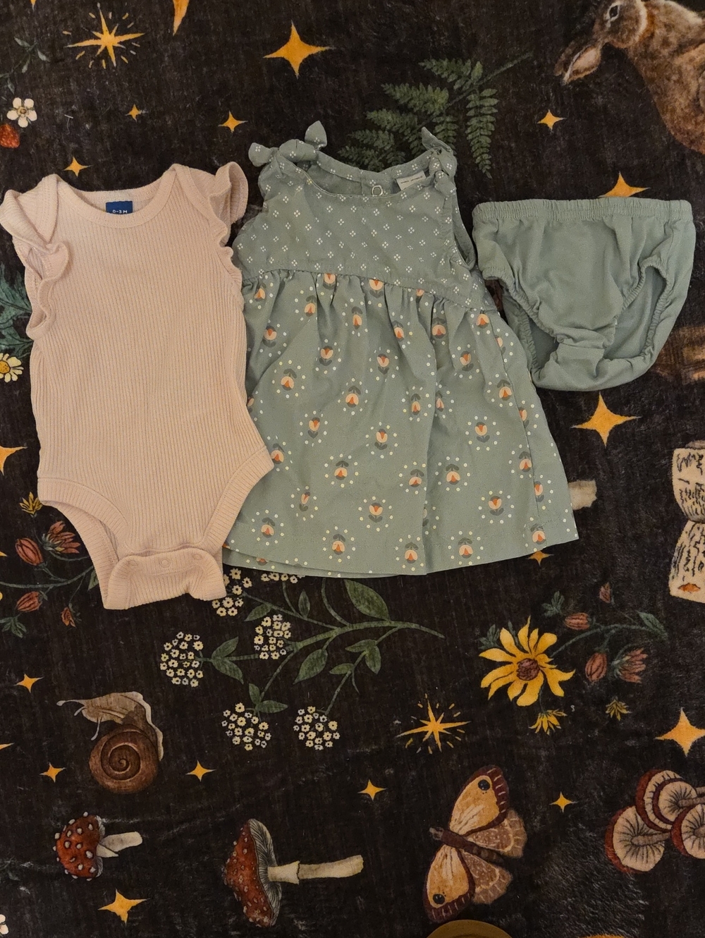 Carter's Pink Ribbed Onesie with Sage Floral Dress & Sage Bloomers